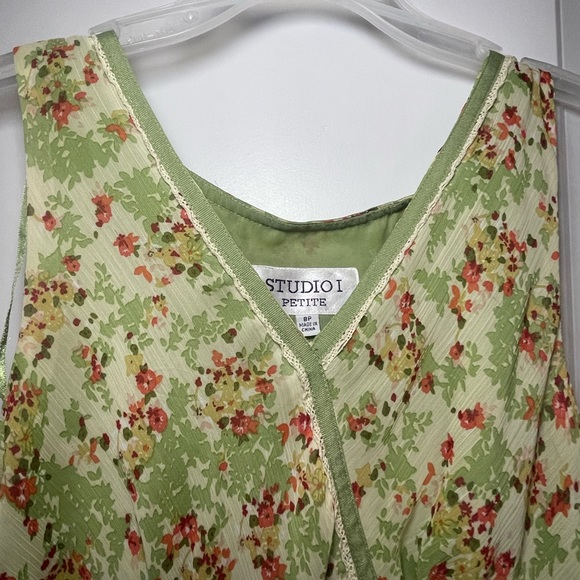 👗VTG Cottagecore Y2K Chiffon Fit & Flare Dress Green Floral Print Siz 8 Petite - Picture 5 of 8